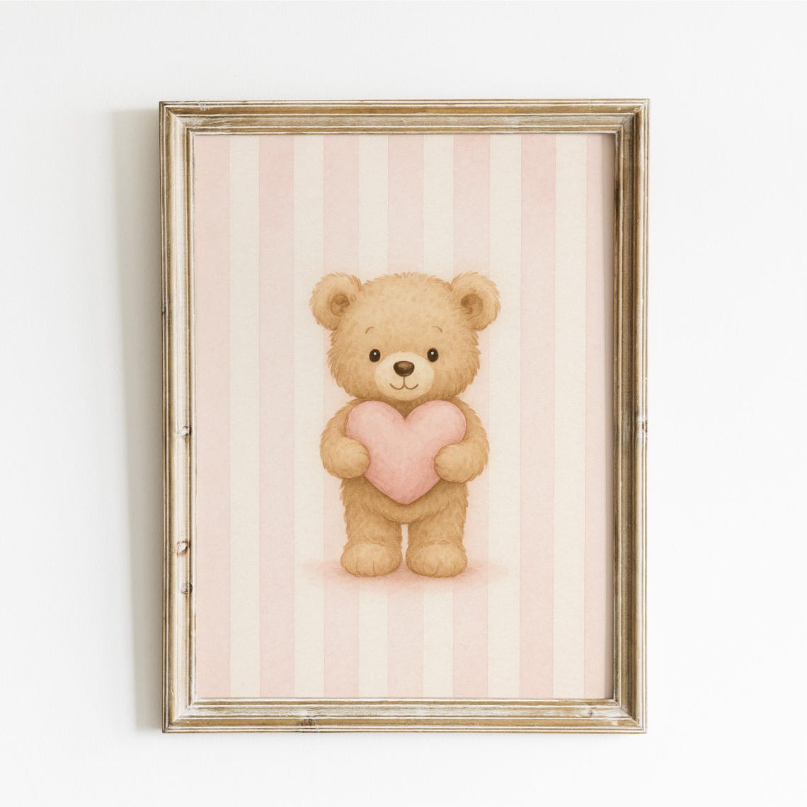 Cute Teddy Bear Holding Pink Heart Nursery Baby Room Art Print
