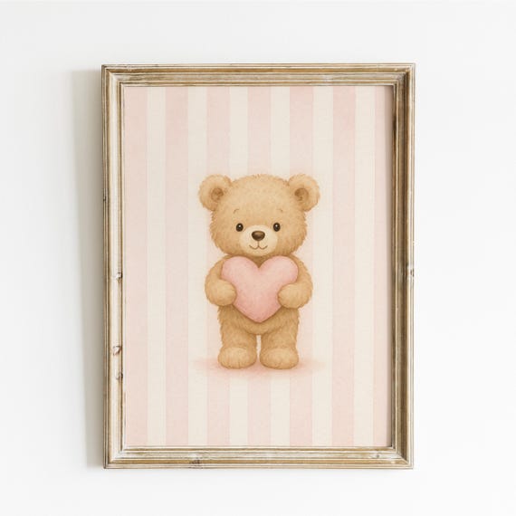 Teddy Bear Love Print Pink Heart Nursery Decor Animal Art Stripes Playroom Kids Room Baby