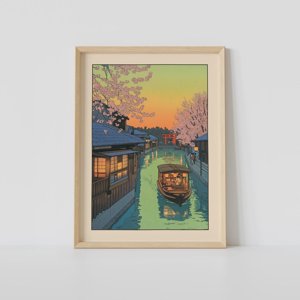 Kyoto Canal Cherry Blossom Sunset Torii Japanese Woodblock Poster