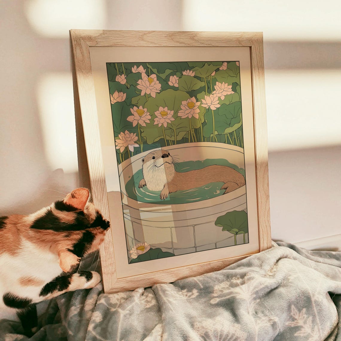 Smiling Otter Floating in a Stone Tub Surrounded by Lotus Poster - Image 3