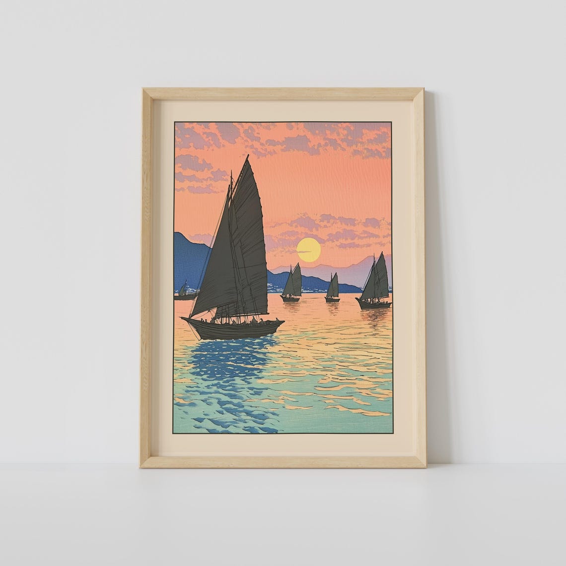 Japanese Sailboats At Sunset On Calm Water Woodblock Art Print