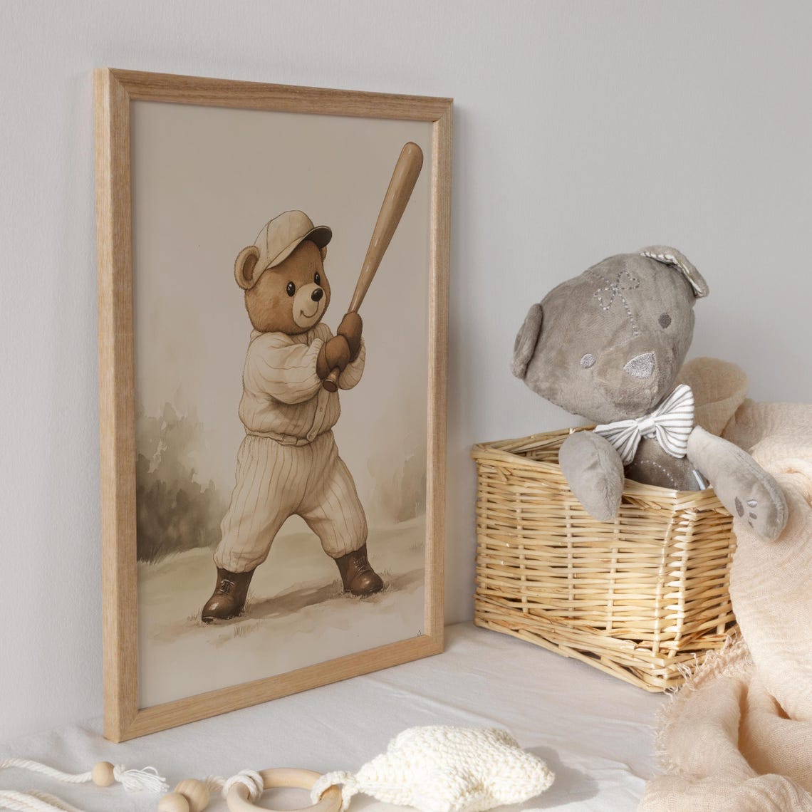 Vintage Teddy Bear Baseball Batter in Pinstripes Mid Swing Poster - Image 3