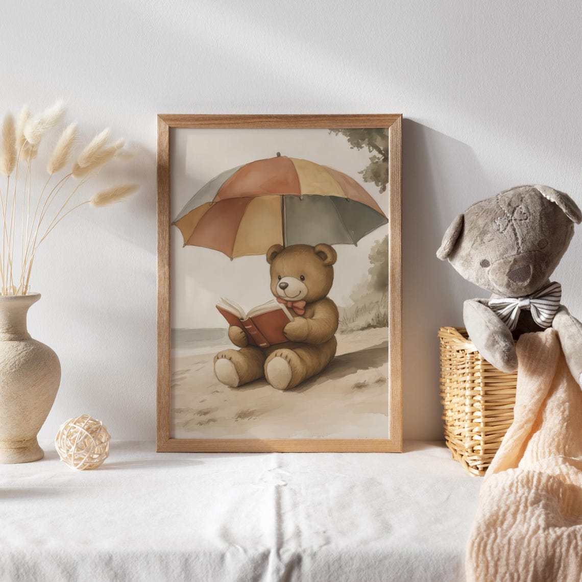 Teddy Bear Reading a Book on the Beach Under an Umbrella Poster - Image 2