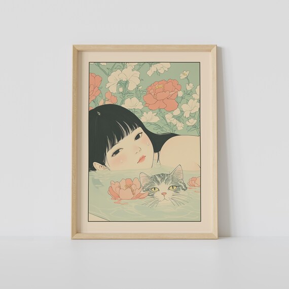 Japanese Girl in a Bath with a Tabby Cat Surrounded by Peonies Poster