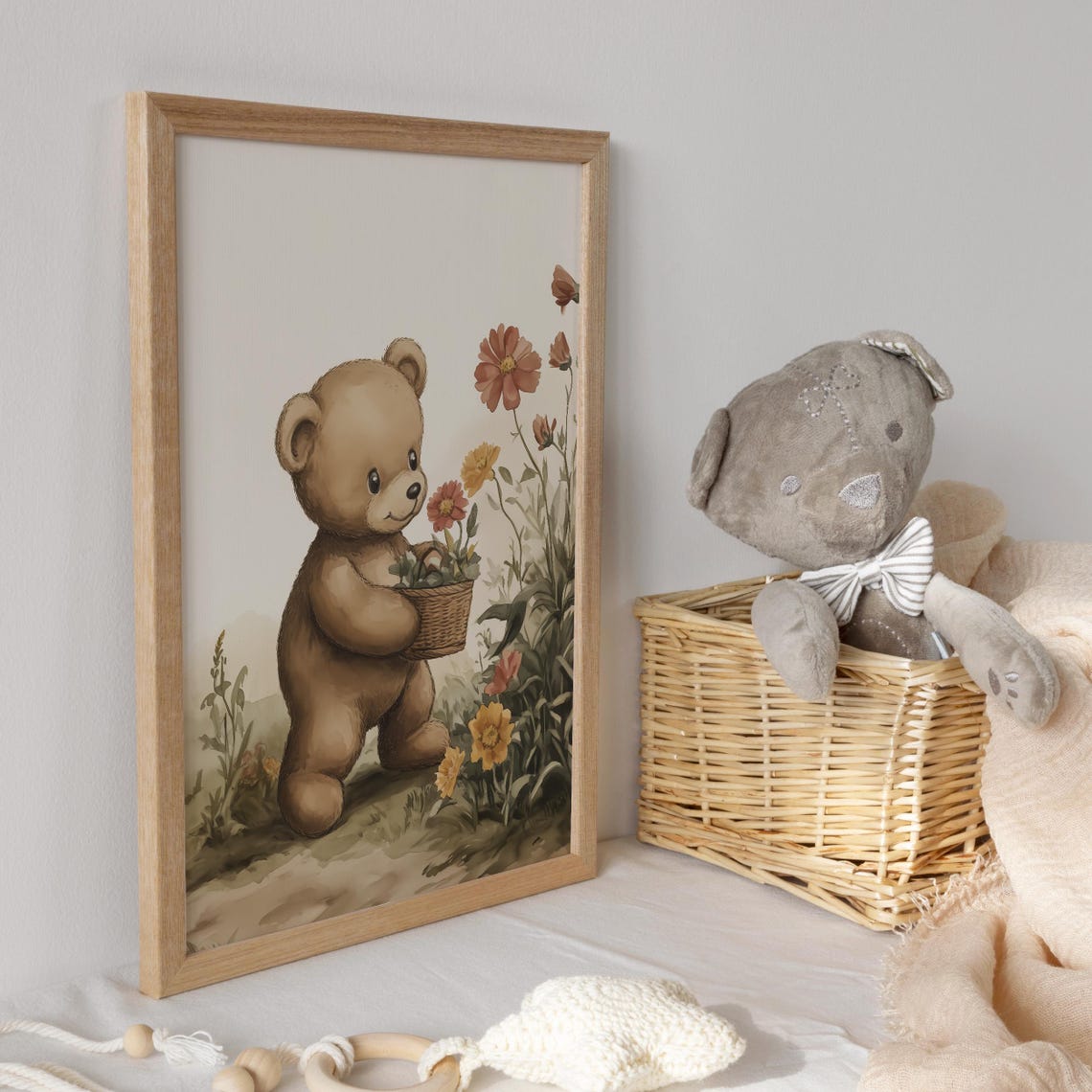 Teddy Bear Picking Flowers in a Garden Basket Nursery Poster - Image 3