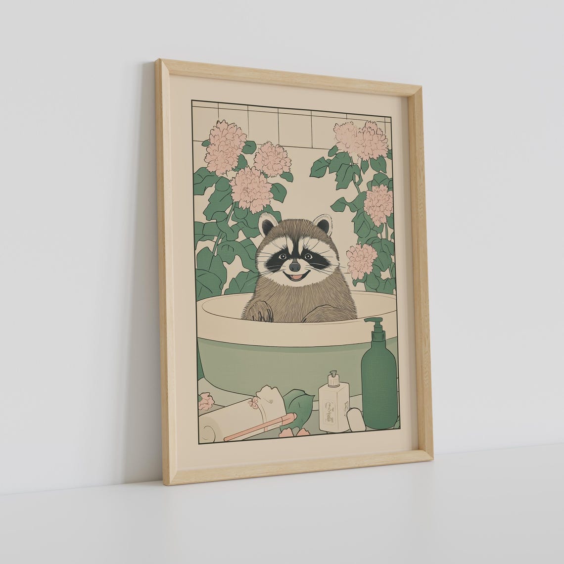 Smiling Raccoon in a Bathtub with Pink Chrysanthemum Blooms Poster - Image 2