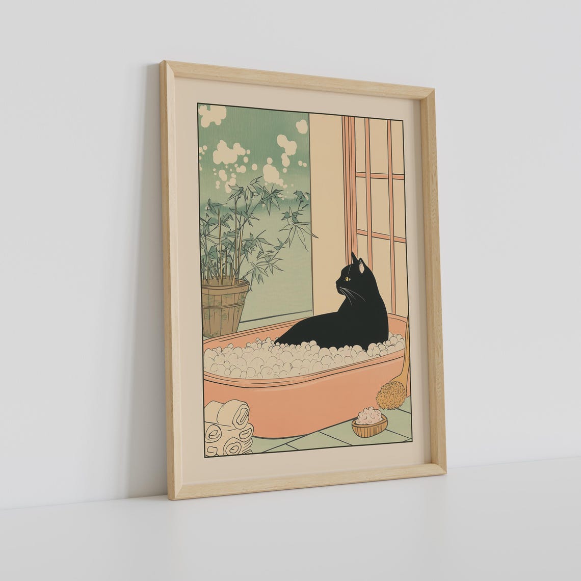 Black Cat in a Bubble-Filled Oval Tub by a Shoji Screen Poster - Image 2
