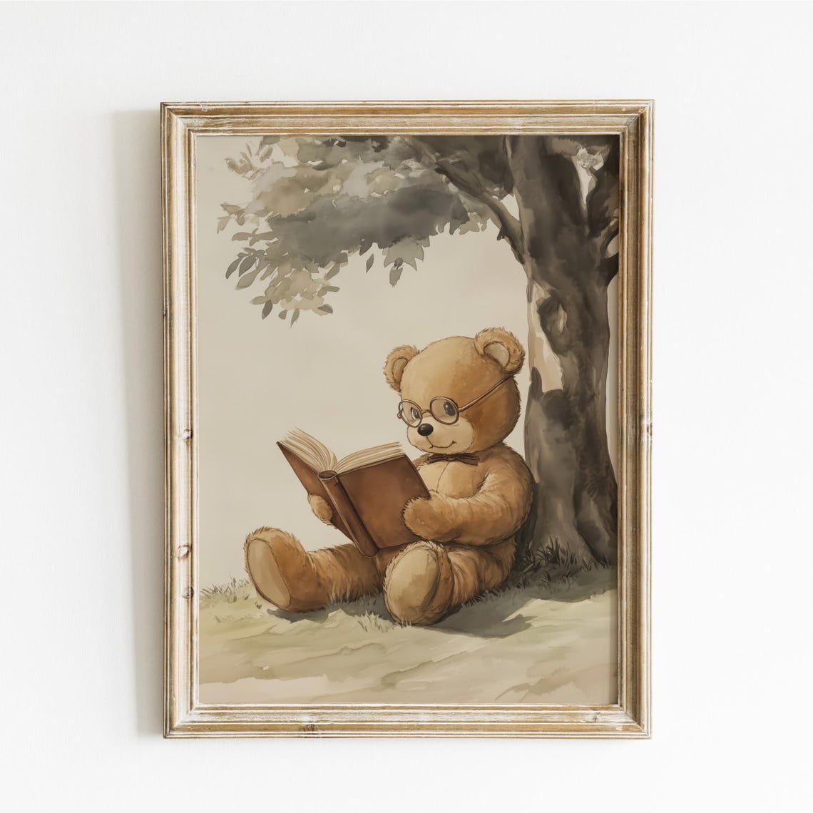Teddy Bear Reading Under a Tree Wearing Glasses and Bow Tie Poster