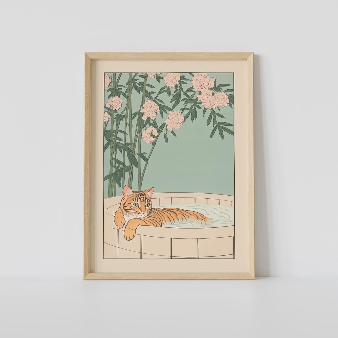 Bengal Cat Relaxing in Bath Under Pink Blossom and Bamboo Poster