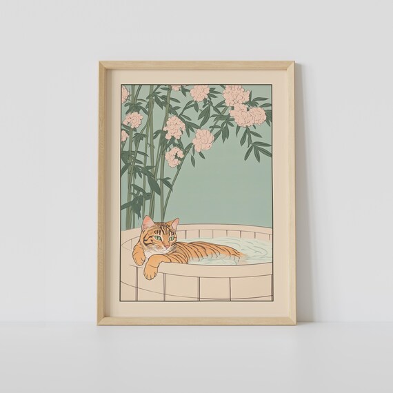 Bengal Cat Relaxing in Bath Under Pink Blossom and Bamboo Poster
