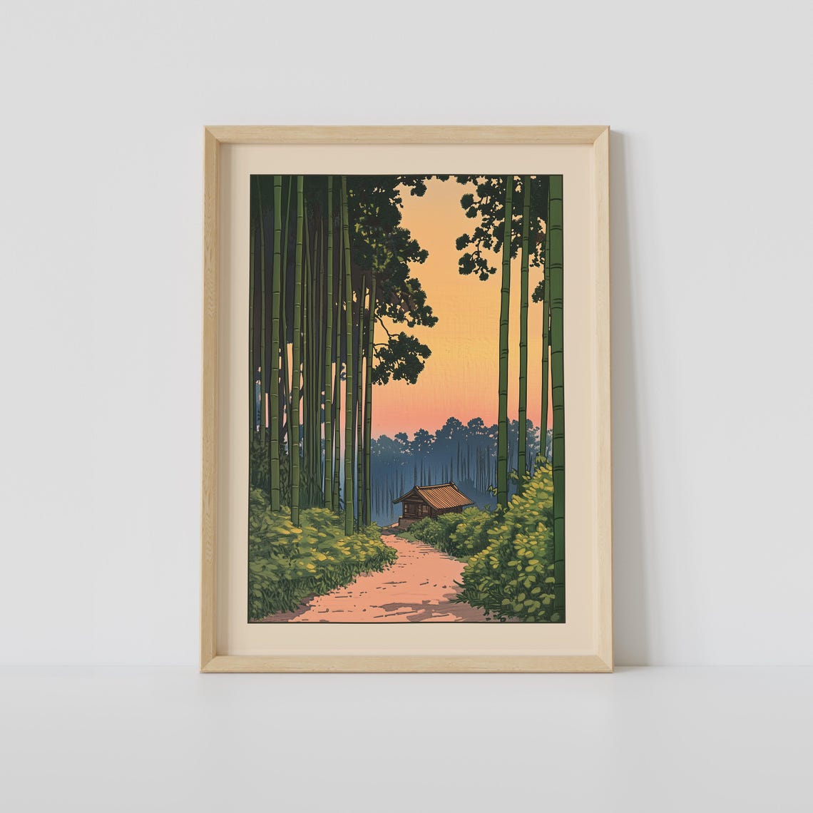 Bamboo Forest Path At Sunset Japanese Woodblock Style Art Poster