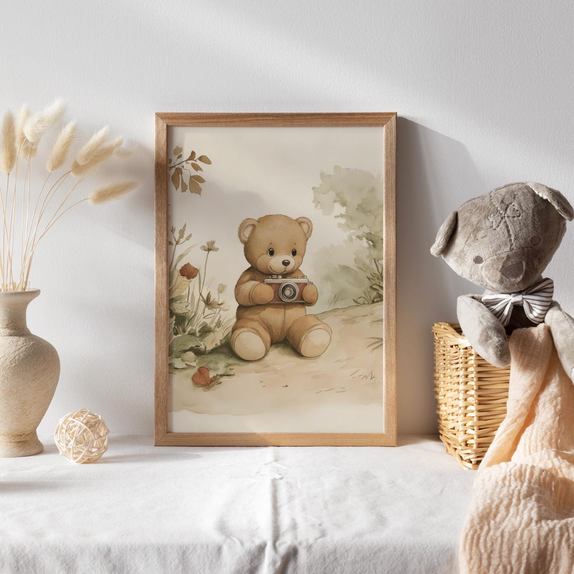 Teddy Bear Sitting With Red Vintage Camera in Wildflower Field Poster - Image 2