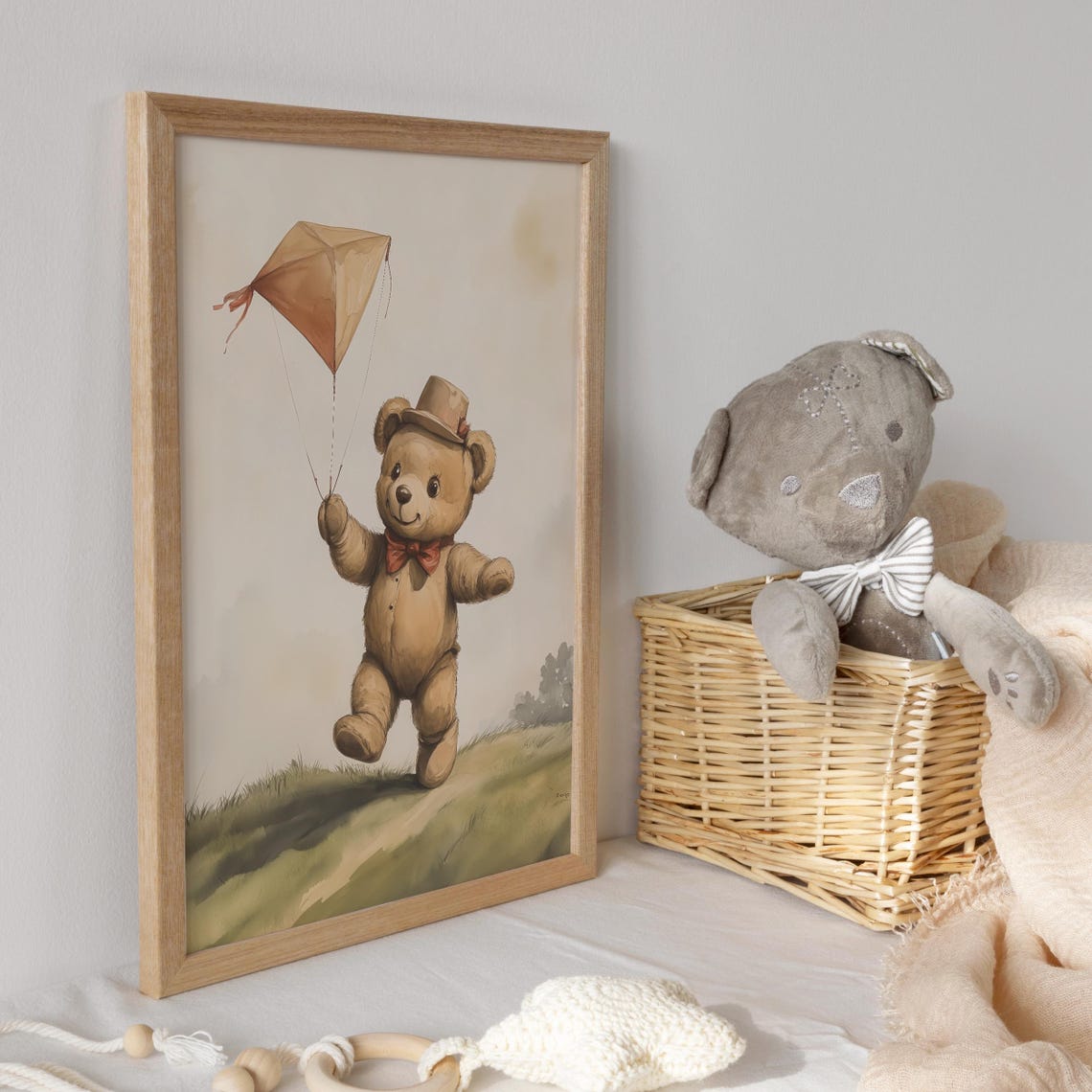 Teddy Bear Flying a Kite in a Sunny Meadow Funny Animal Poster - Image 3