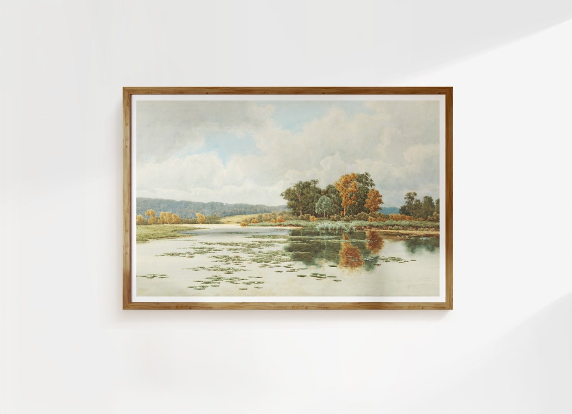 Rustic Country Lake Lily Pads Autumn Trees Watercolor Poster