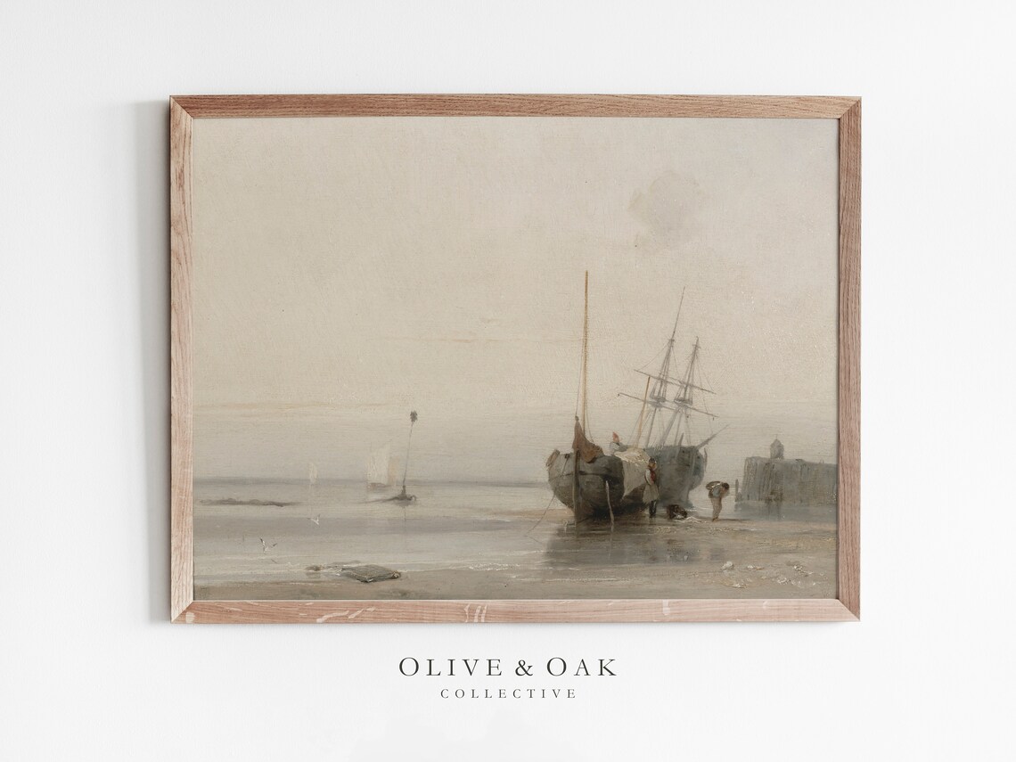 Vintage Neutral Seascape Painting, Nautical Coastal Art Print