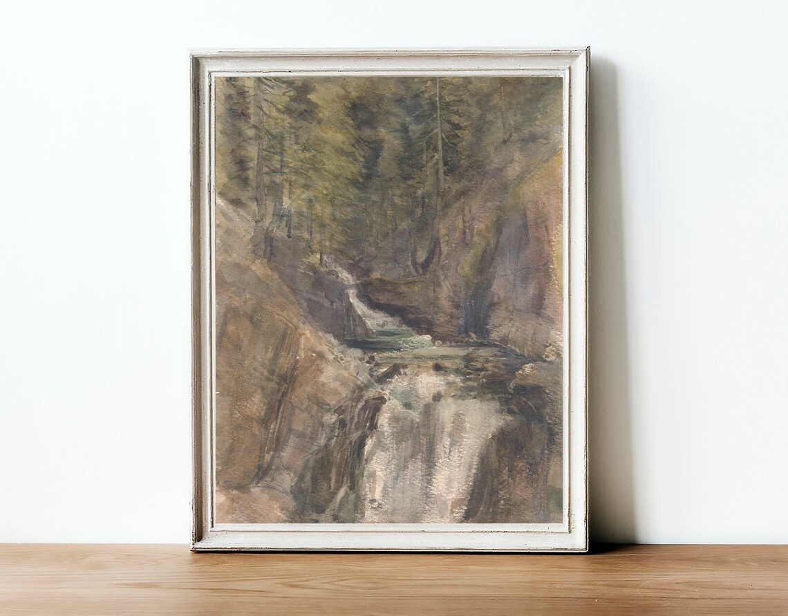 Rustic Waterfall Art Print, Muted Watercolor Landscape - Image 2