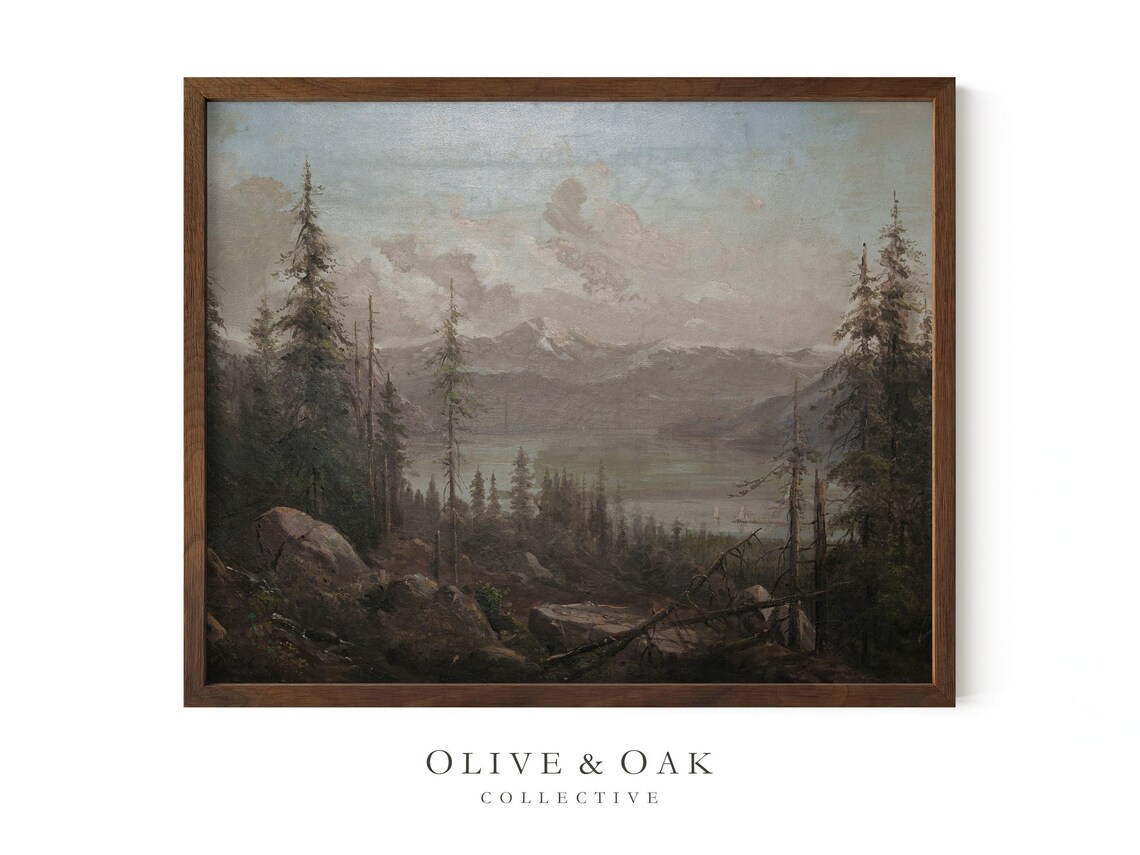 Vintage Lake Landscape, Rustic Mountain Painting - Image 2