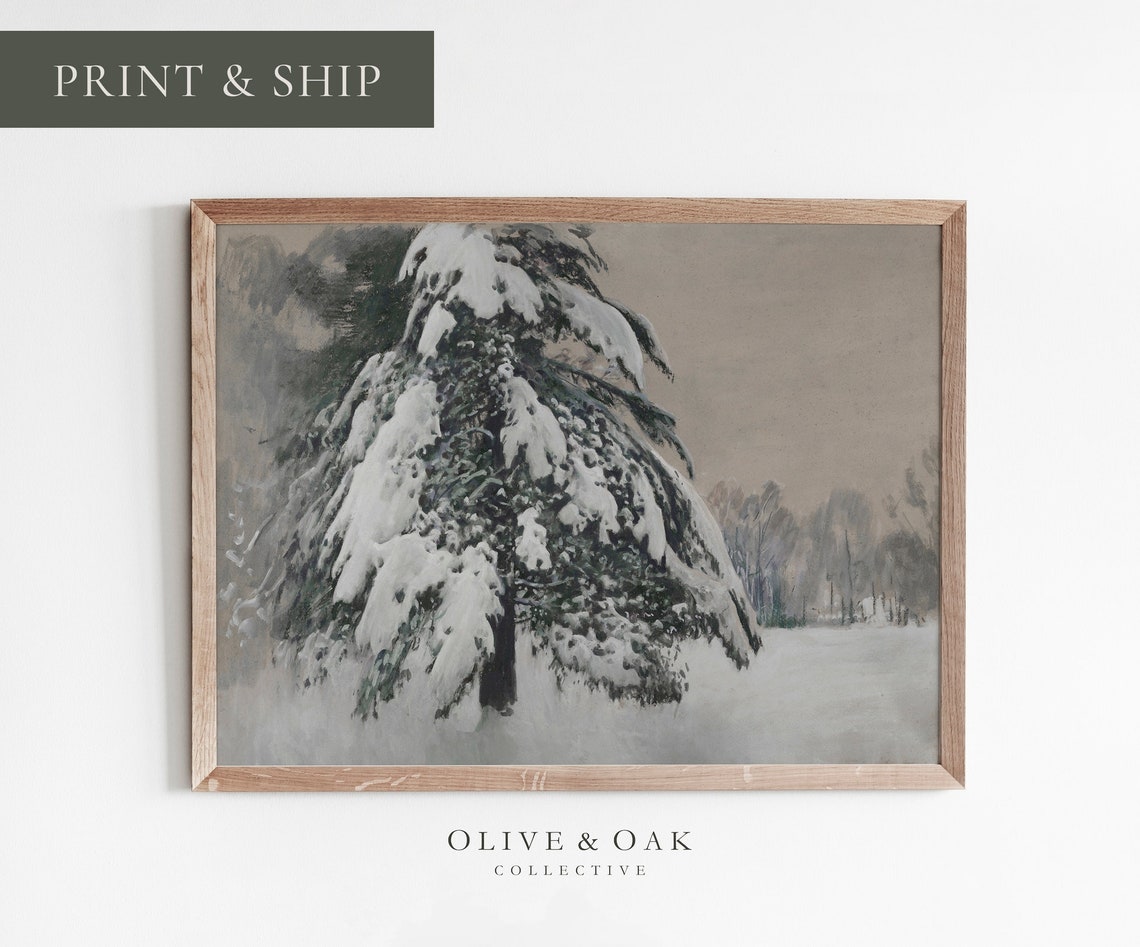 Vintage Winter Landscape Print Snowy Tree Painting Cozy Decor Printed Or Framed 360 M