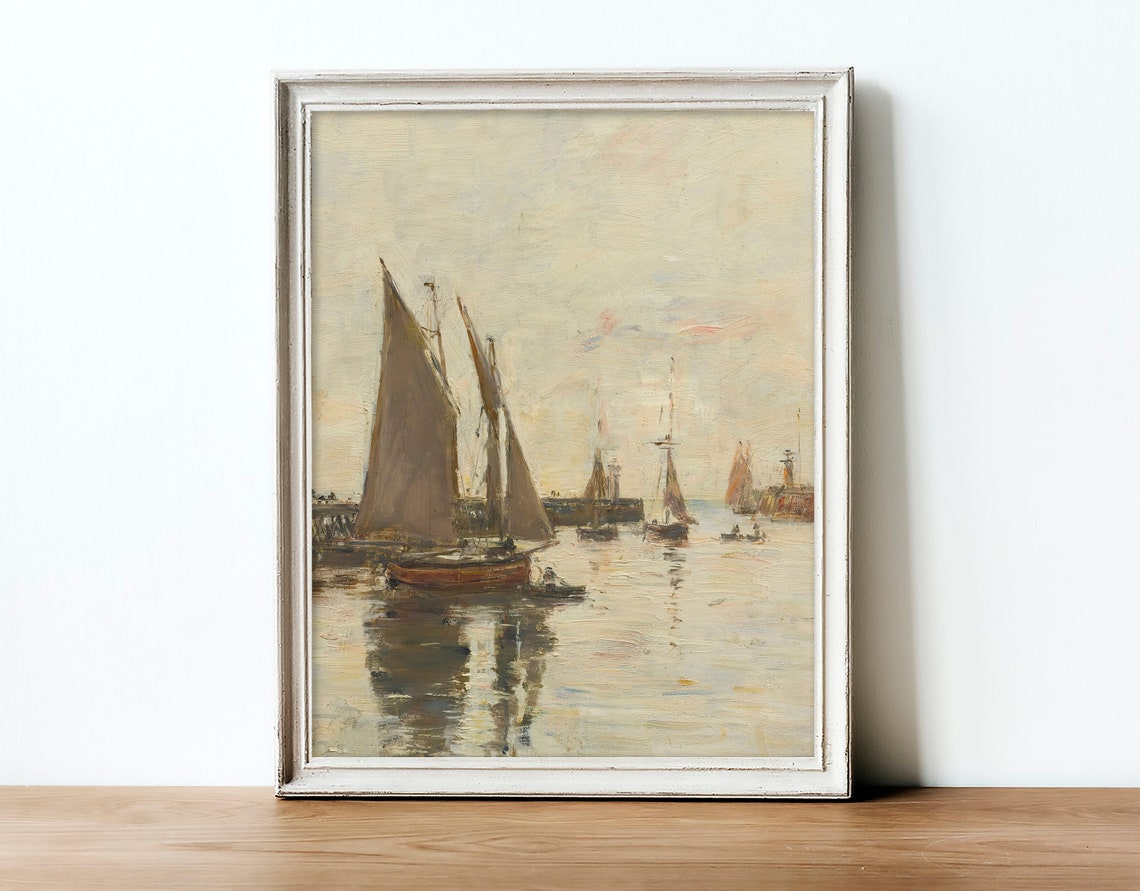 Neutral Seascape Antique Ship Vintage Oil Painting - Image 3
