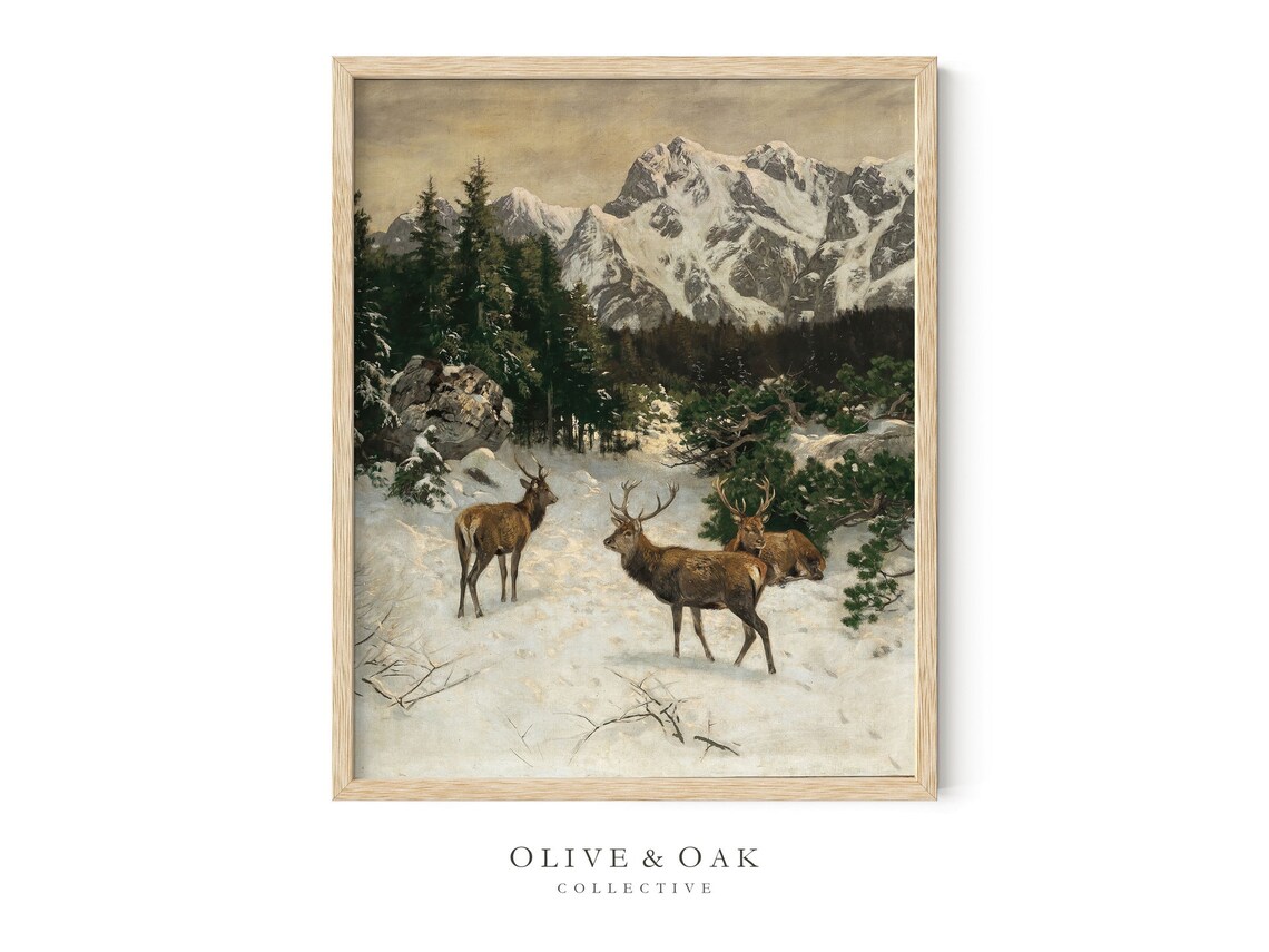 Three Stags in Snowy Mountains Vintage Winter Deer Oil Painting Poster - Image 4