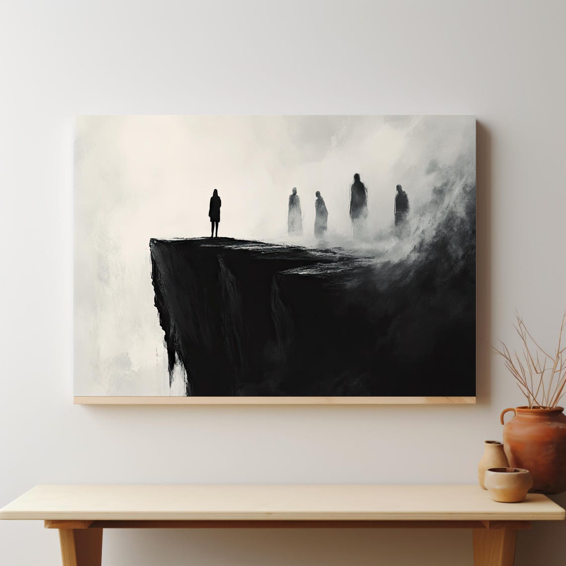 Lone Figure Cliff Edge Surreal Black White Fog Figures Poster