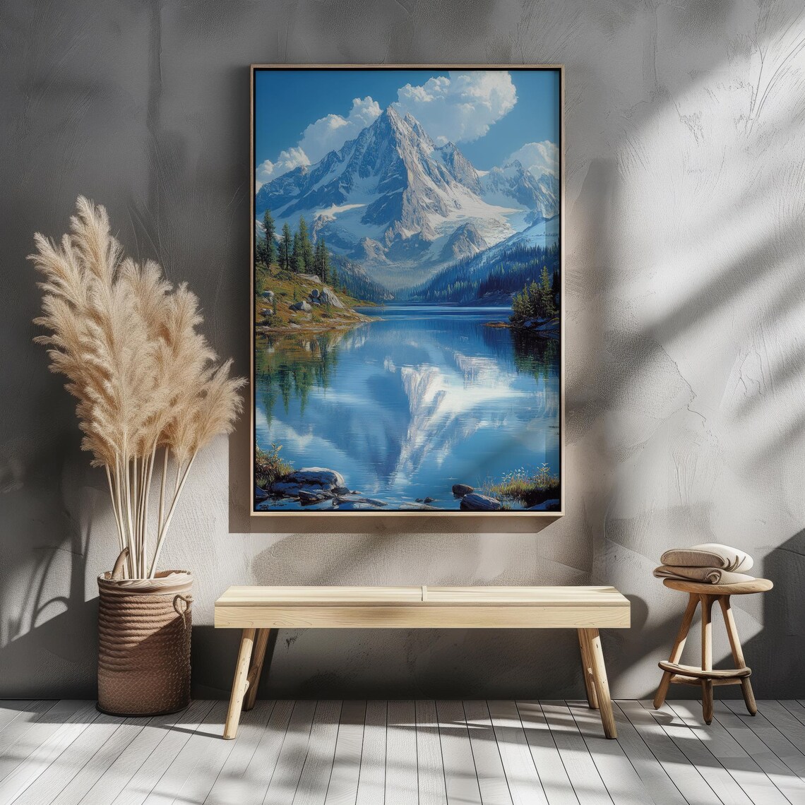 Realistic Mountain Lake Wall Art Snow Capped Peaks Reflection Evergreen Forest Serene Landscape Home Decor Art - Image 4
