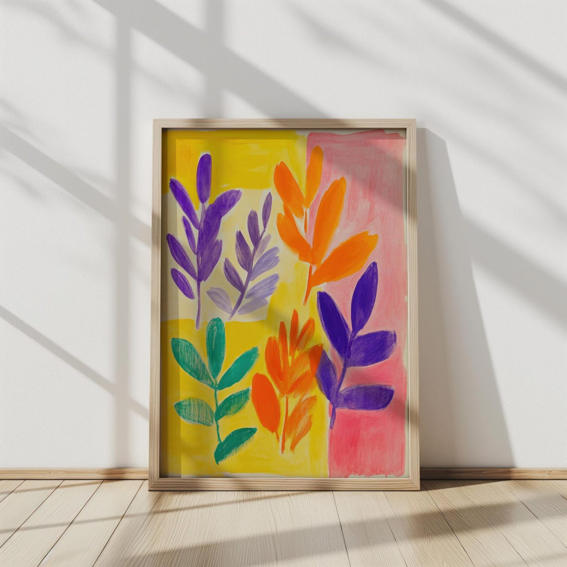 Vibrant Botanical Abstract Art Colorful Leaves Yellow Pink Poster
