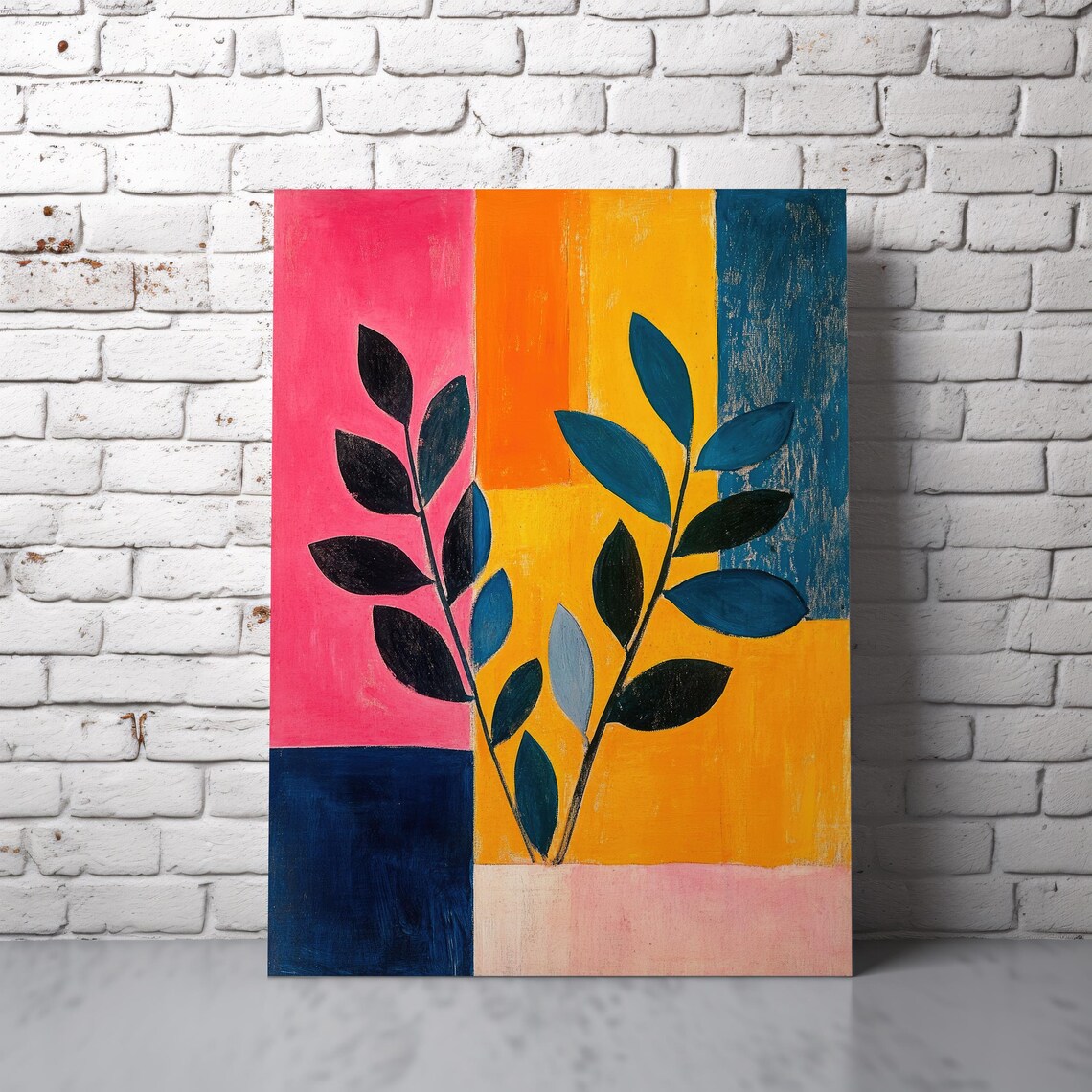 Colorblock Botanical Art Navy Leaves Pink Orange Blocks Poster - Image 8
