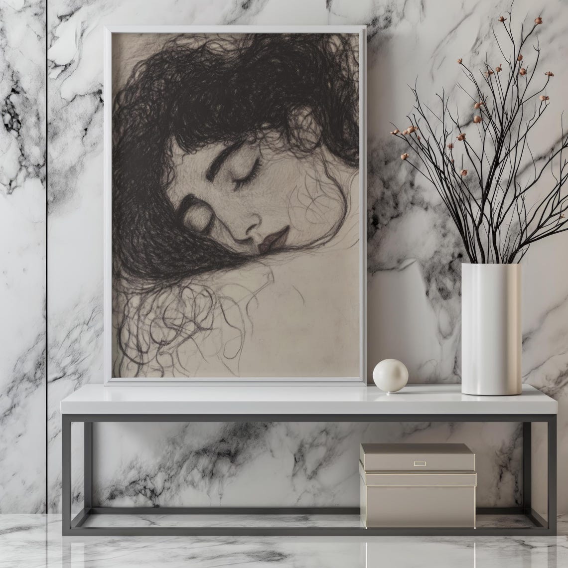 Sleeping Woman Charcoal Portrait Dreamy Expressionist Sketch Poster - Image 8