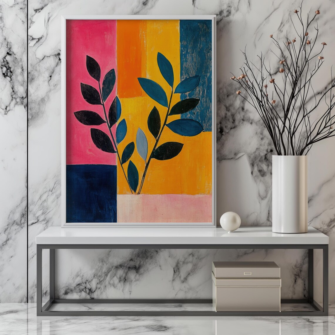 Colorblock Botanical Art Navy Leaves Pink Orange Blocks Poster - Image 7