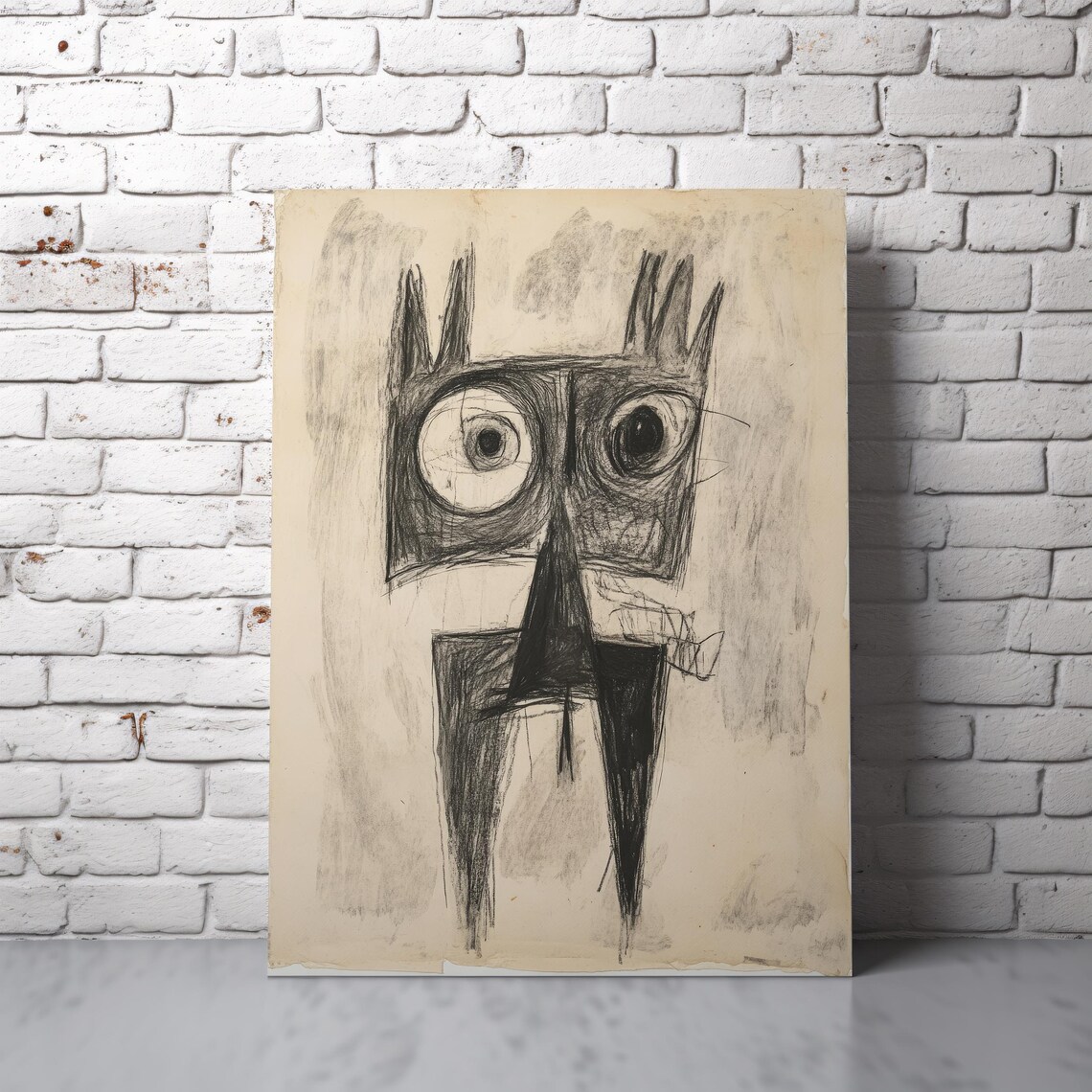 Primitive Cat Sketch Charcoal Big Eyes Abstract Animal Art Poster - Image 3