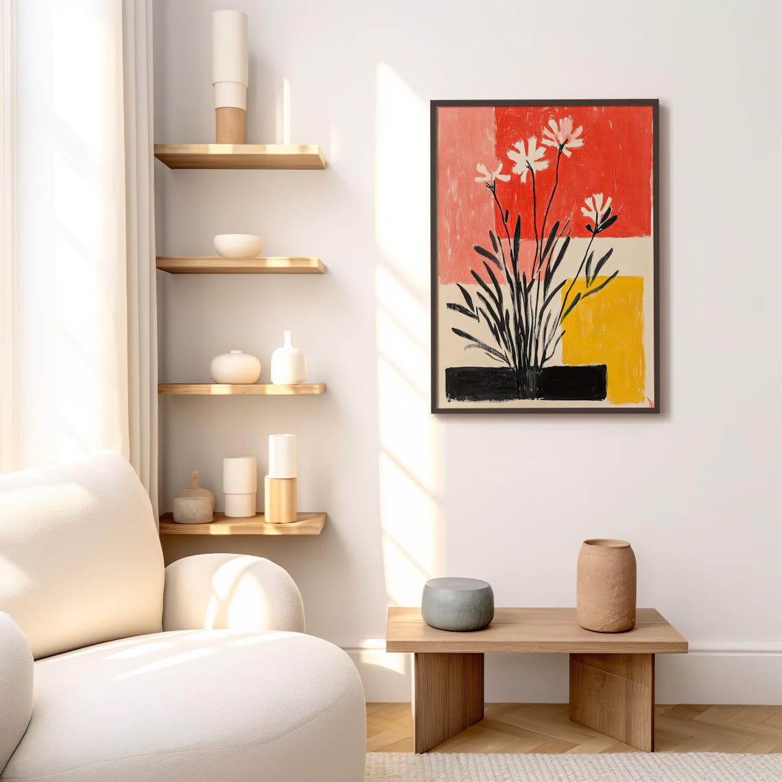 Abstract White Blossoms Floral Art Red Coral Yellow Blocks Poster - Image 2
