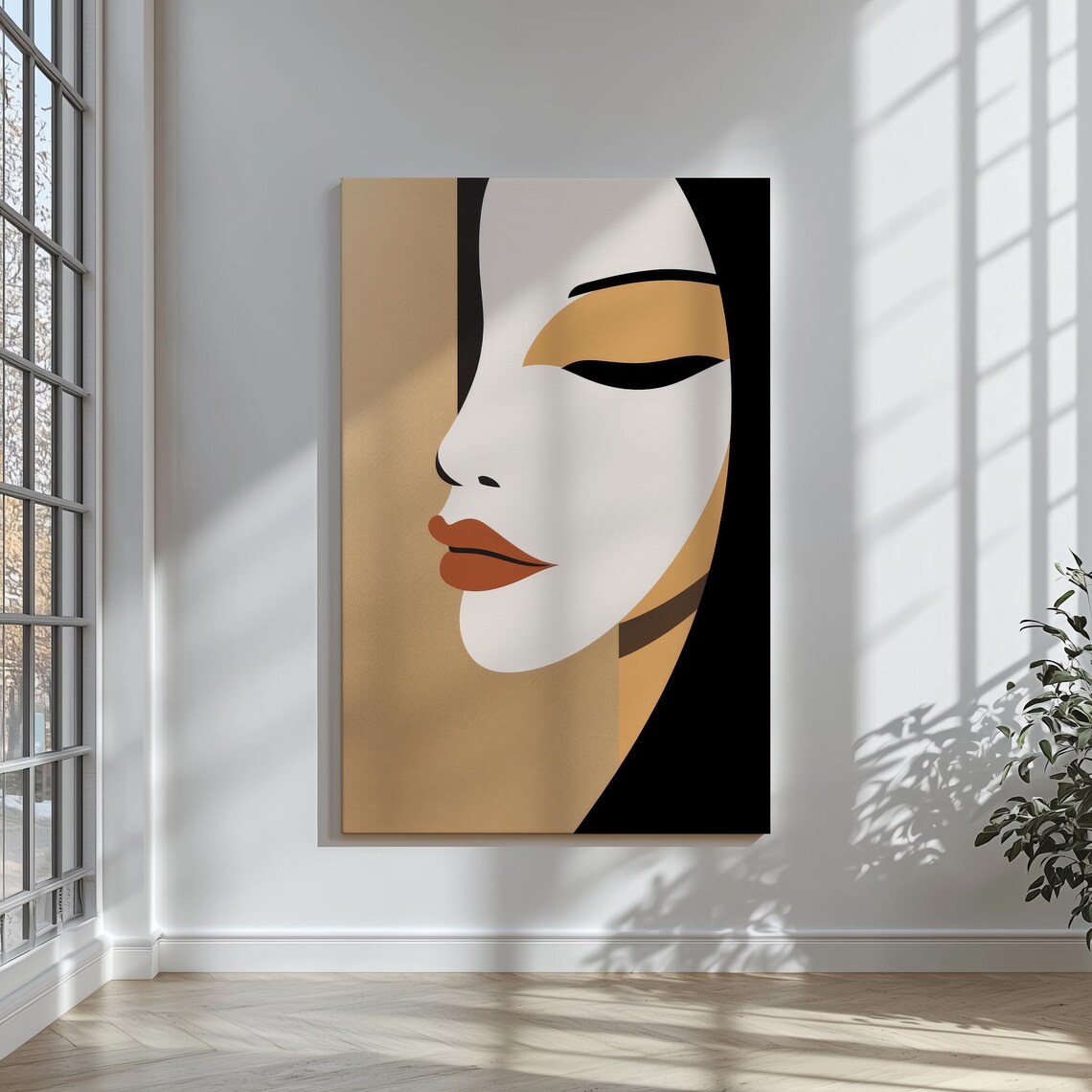 Minimalist Woman Profile Portrait Cream Black Gold Closed Eyes Art Print - Image 4