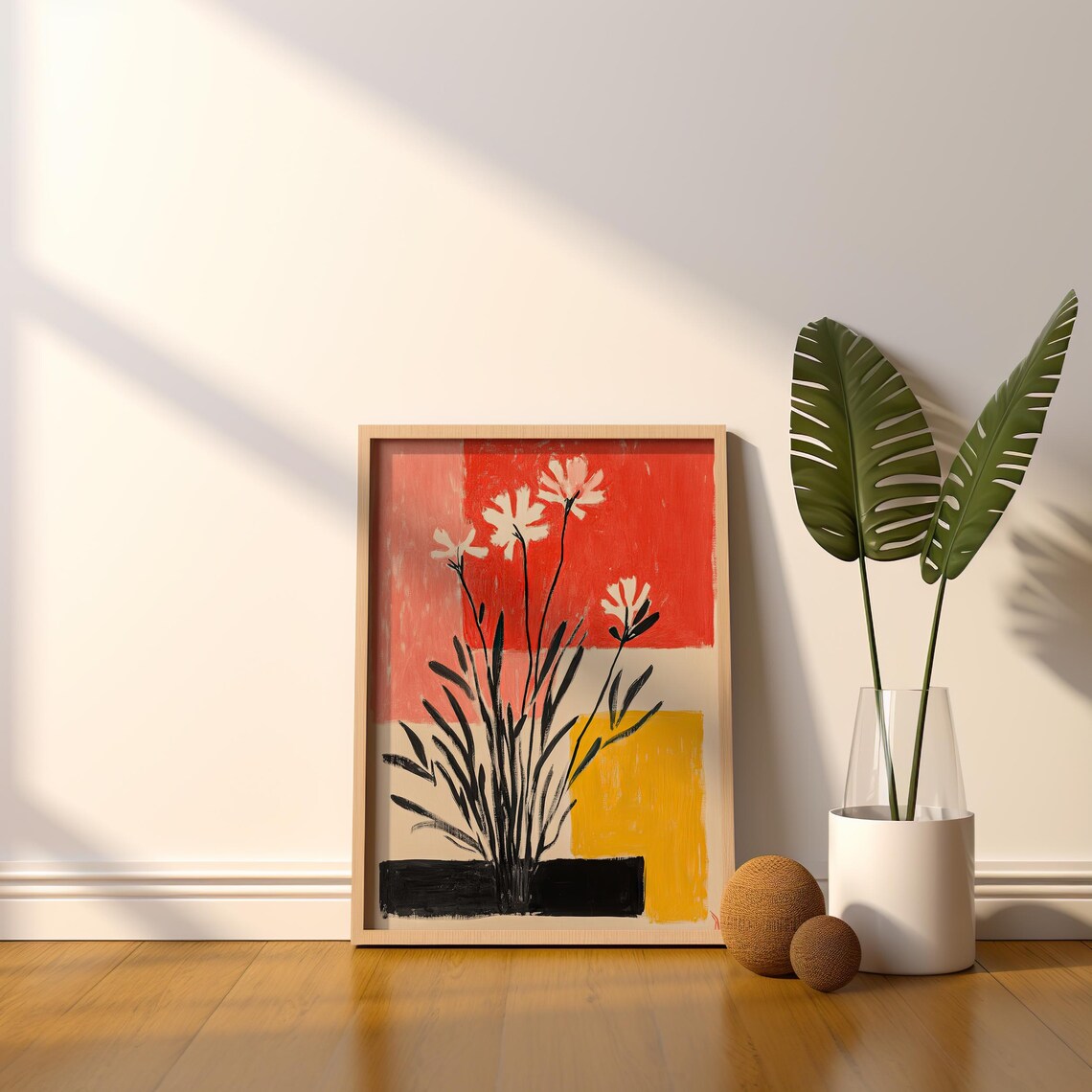Abstract White Blossoms Floral Art Red Coral Yellow Blocks Poster - Image 5