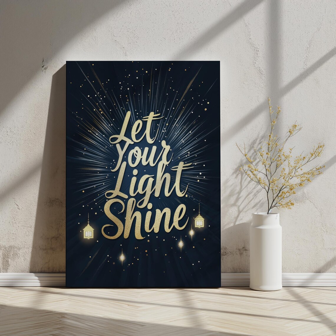 Let Your Light Shine Inspirational Print Gold Foil Typography Art Elegant Wall Decor With Dark Background And Glowing Lanterns Ai Art