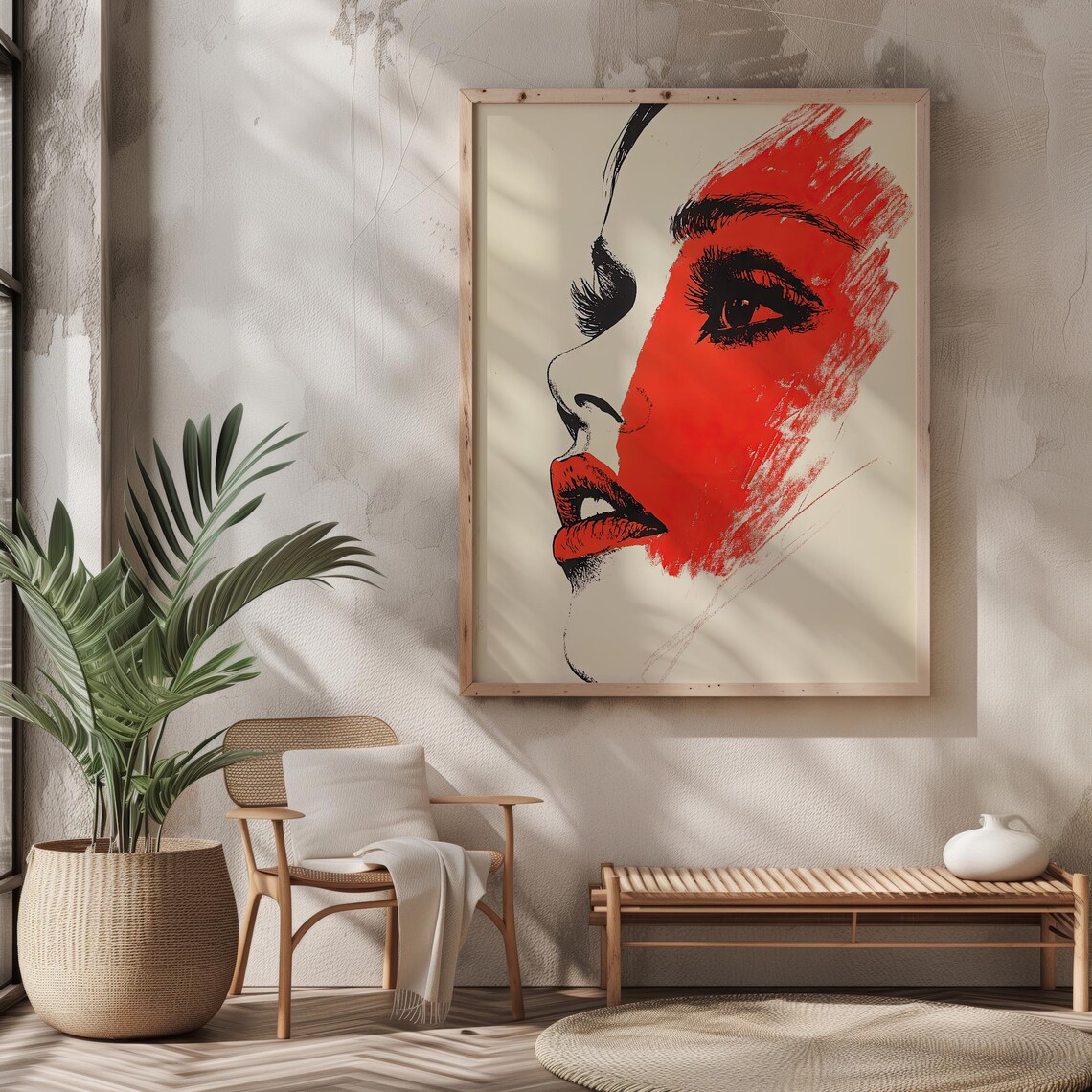 Bold Red Pop Art Female Profile Portrait Black Line Art Poster - Image 7