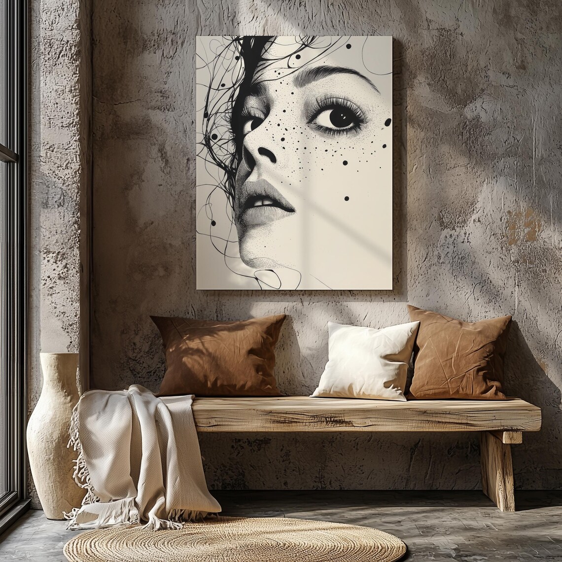 Freckled Woman Ink Portrait Black White Expressive Line Art Poster - Image 6