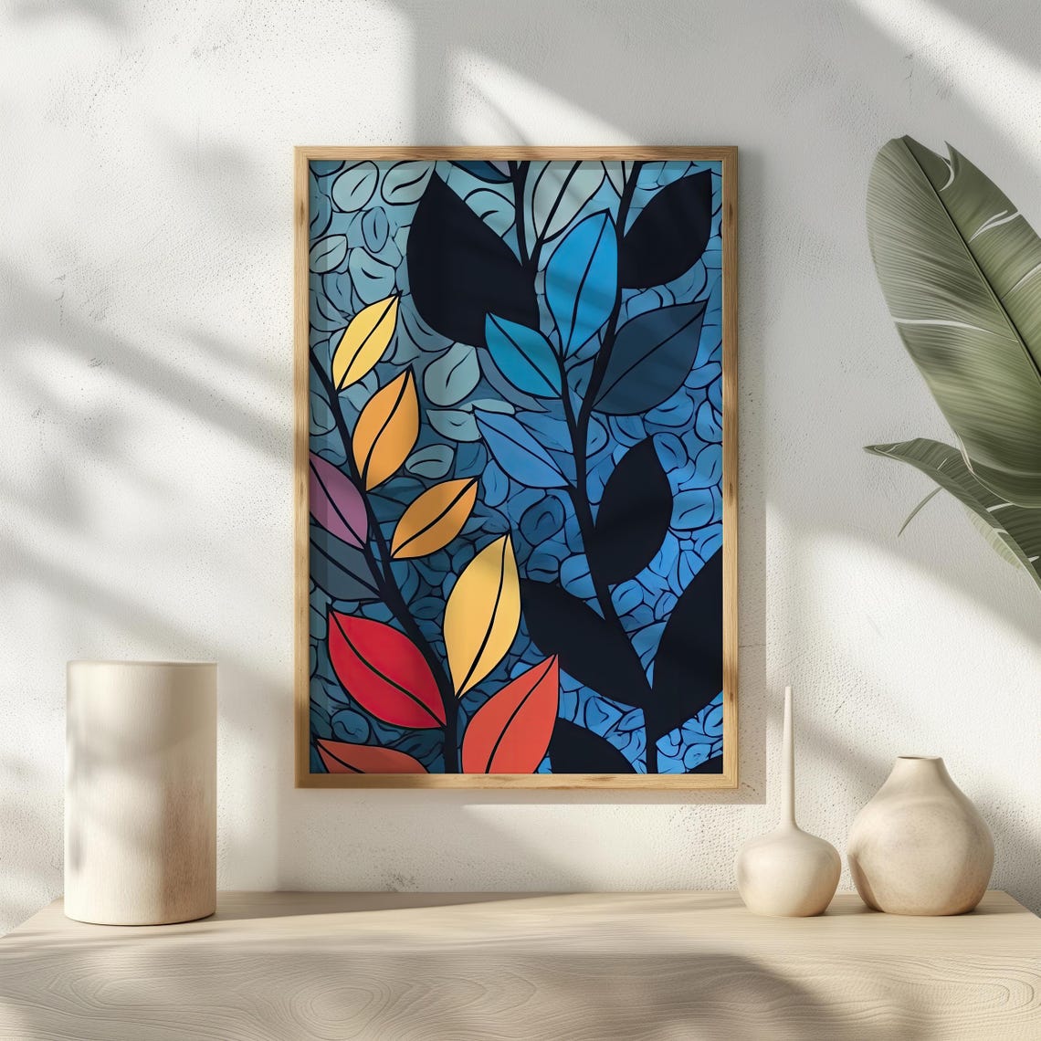Abstract Multicolor Leaf Art Modern Botanical Wall Decor Bold Blue And Colorful Leaves Nature Inspired Print Instant - Image 4