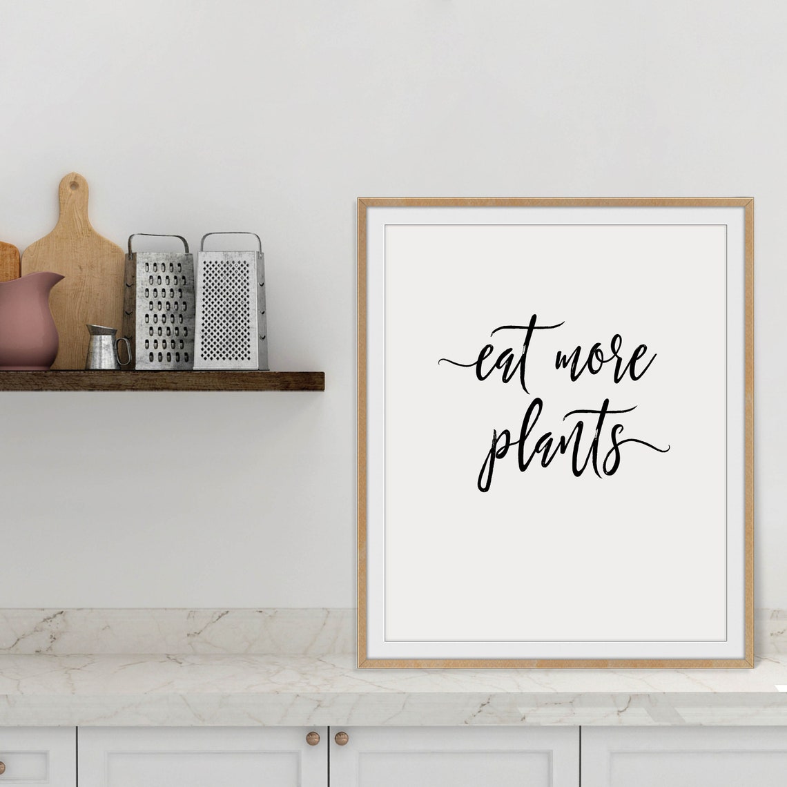 Eat More Plants Vegan Script Minimalist Kitchen Quote Poster - Image 3