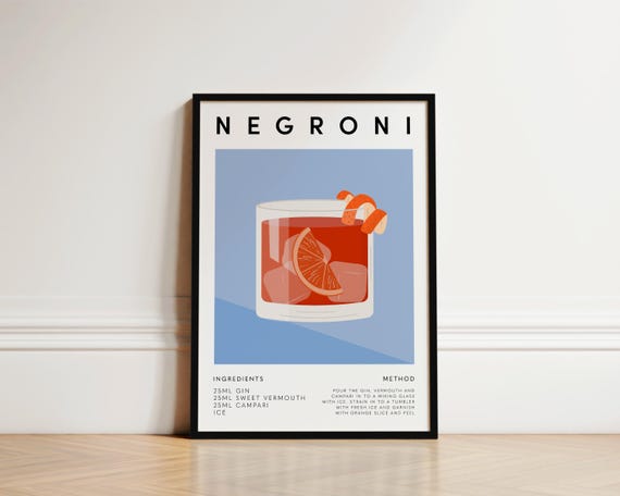 Negroni Cocktail Poster, Kitchen Bar Cart Decor