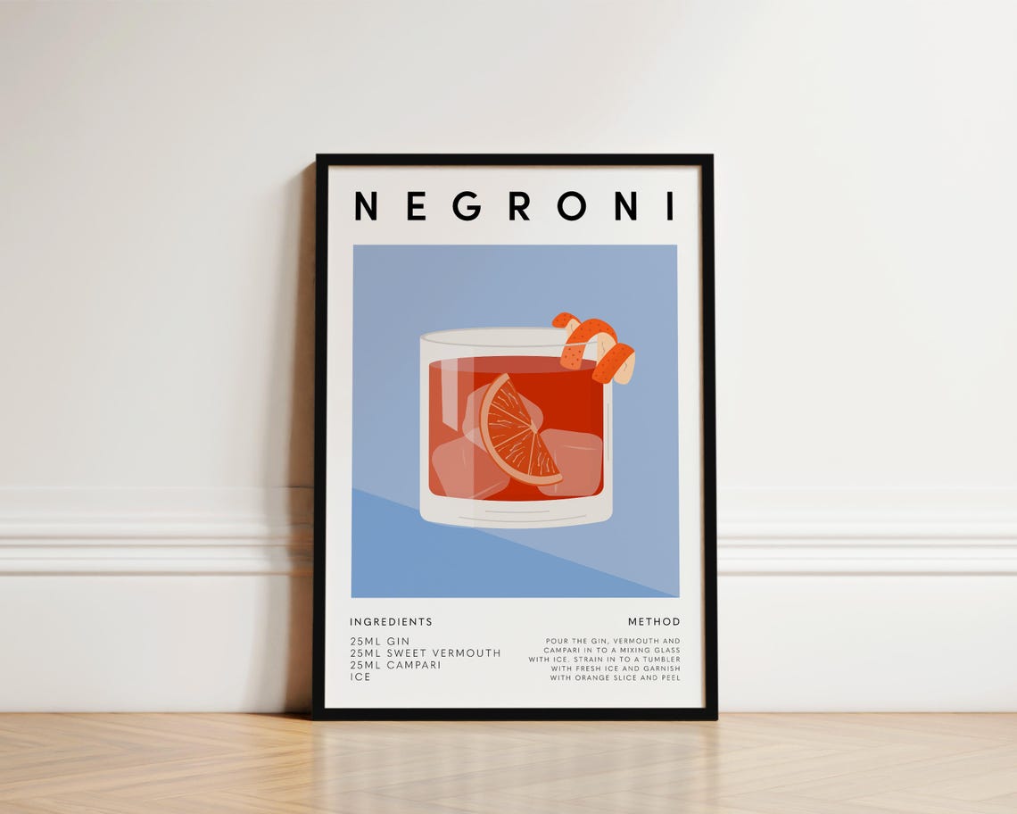 Negroni Cocktail Poster, Kitchen Bar Cart Decor