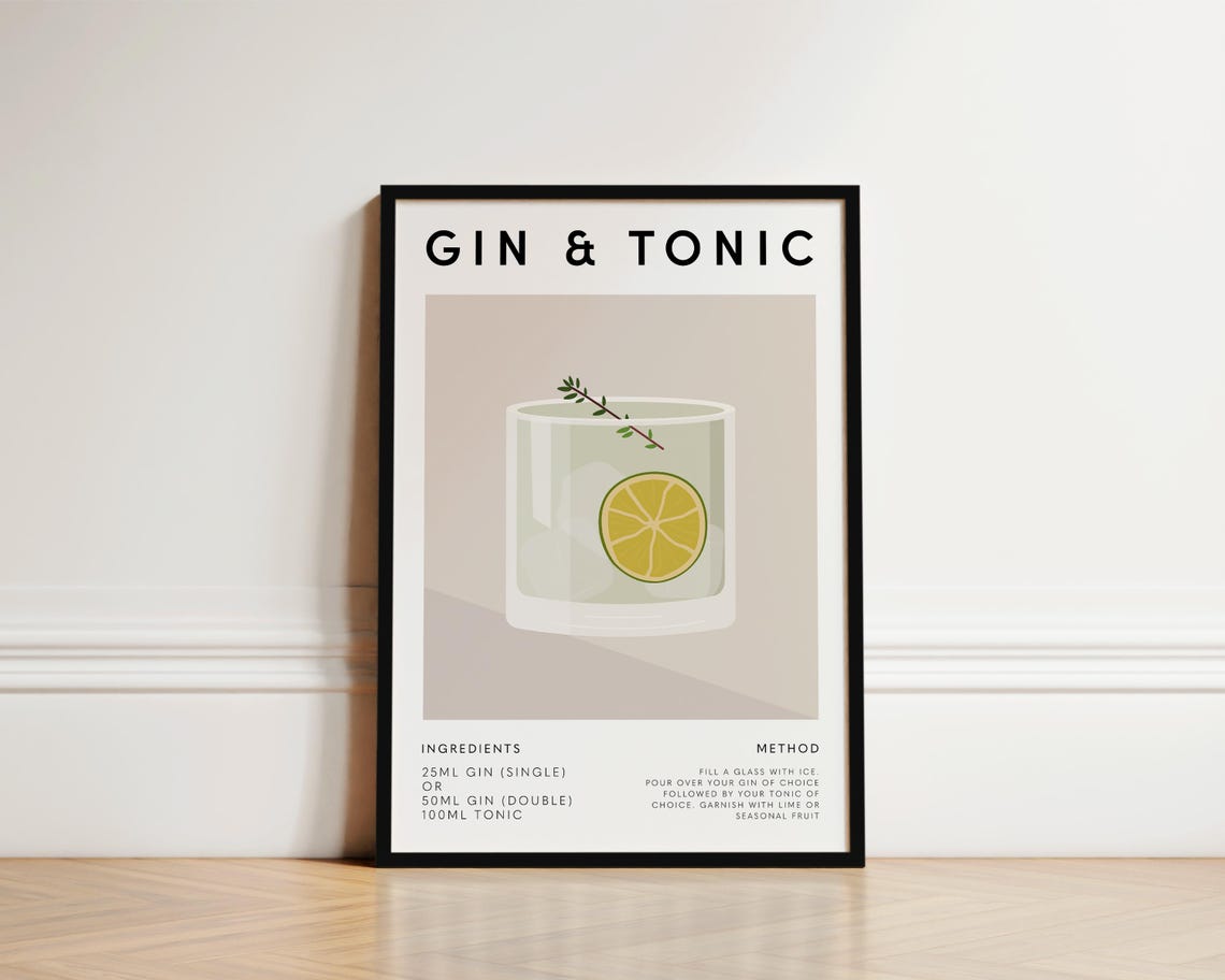 Gin and Tonic Cocktail Print, Kitchen Bar Decor