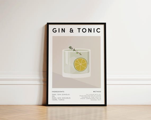 Gin and Tonic Cocktail Print, Kitchen Bar Decor