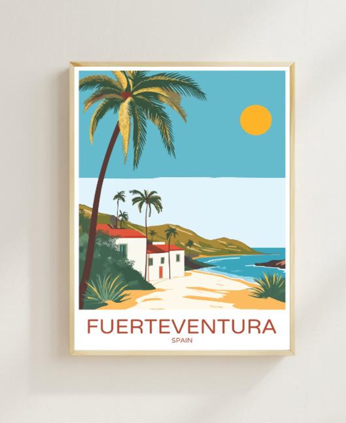 Fuerteventura Spain Travel Poster Palm Tree Beach And White Houses