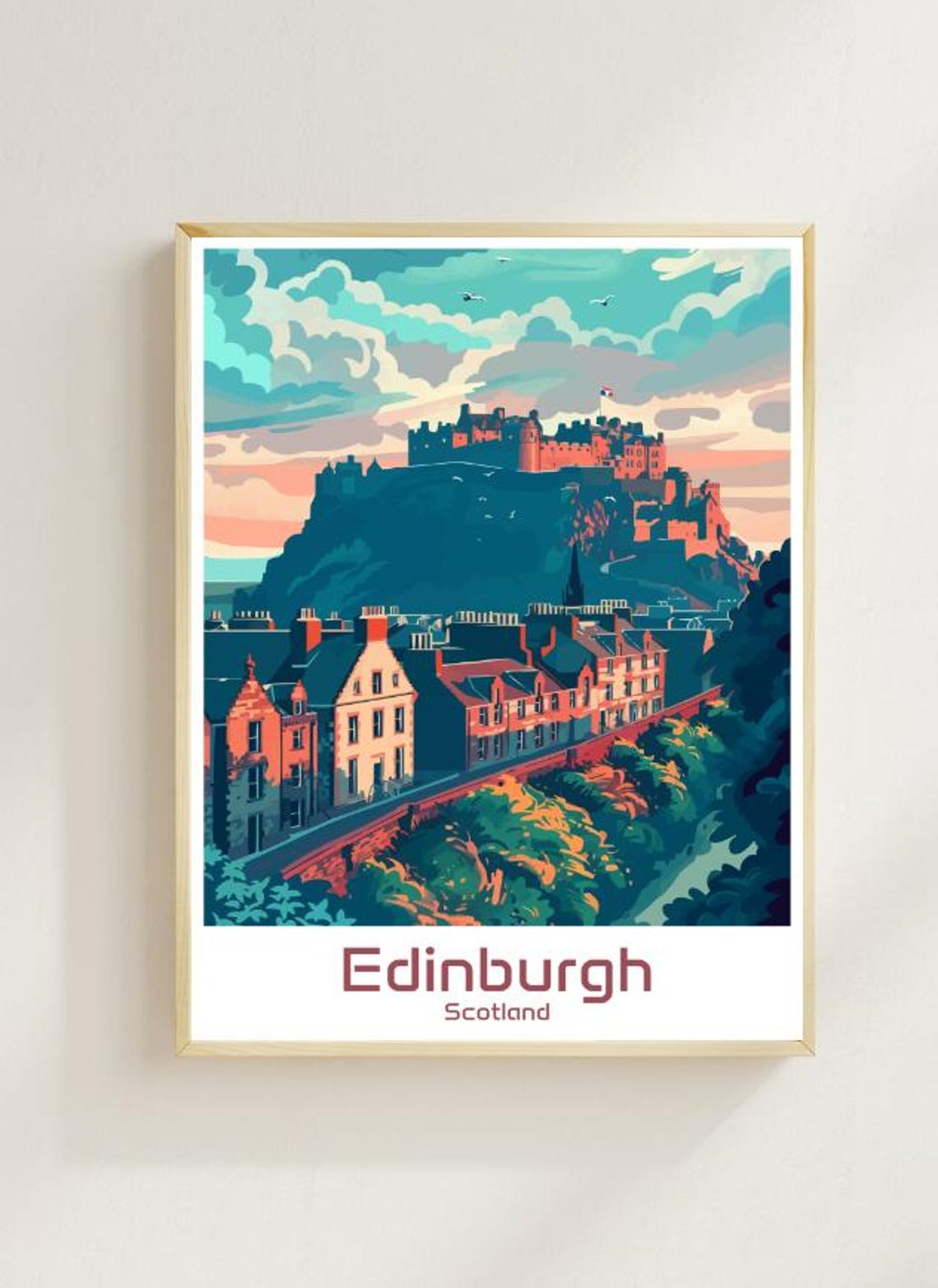 Edinburgh Scotland Castle Rock Old Town Sunset Travel Poster
