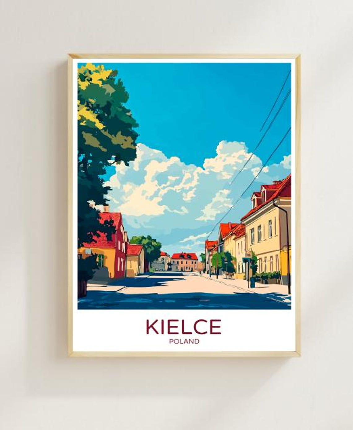Kielce Poland Travel Poster with a Sunny Old Street and Red Rooftops