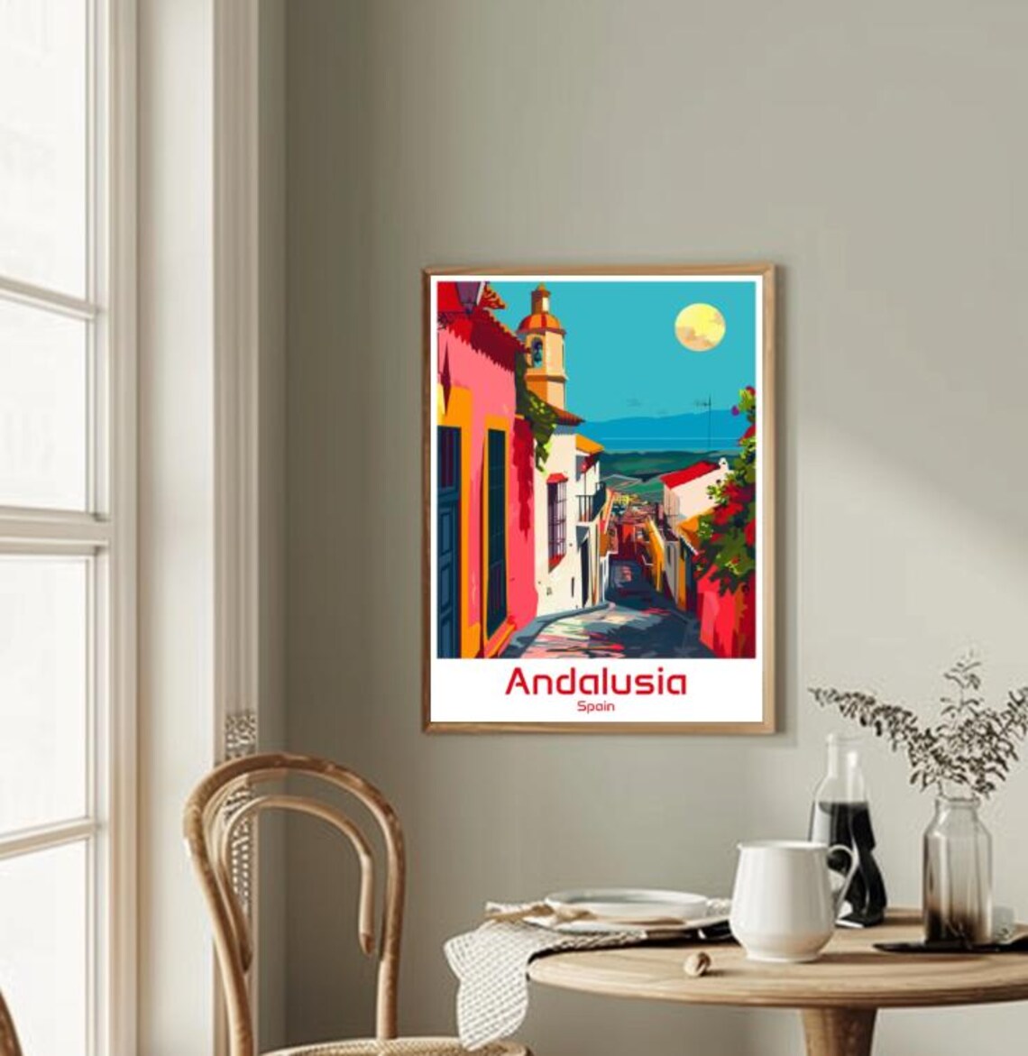 Andalusia Spain Colorful Village Street Bell Tower Moon Poster - Image 2