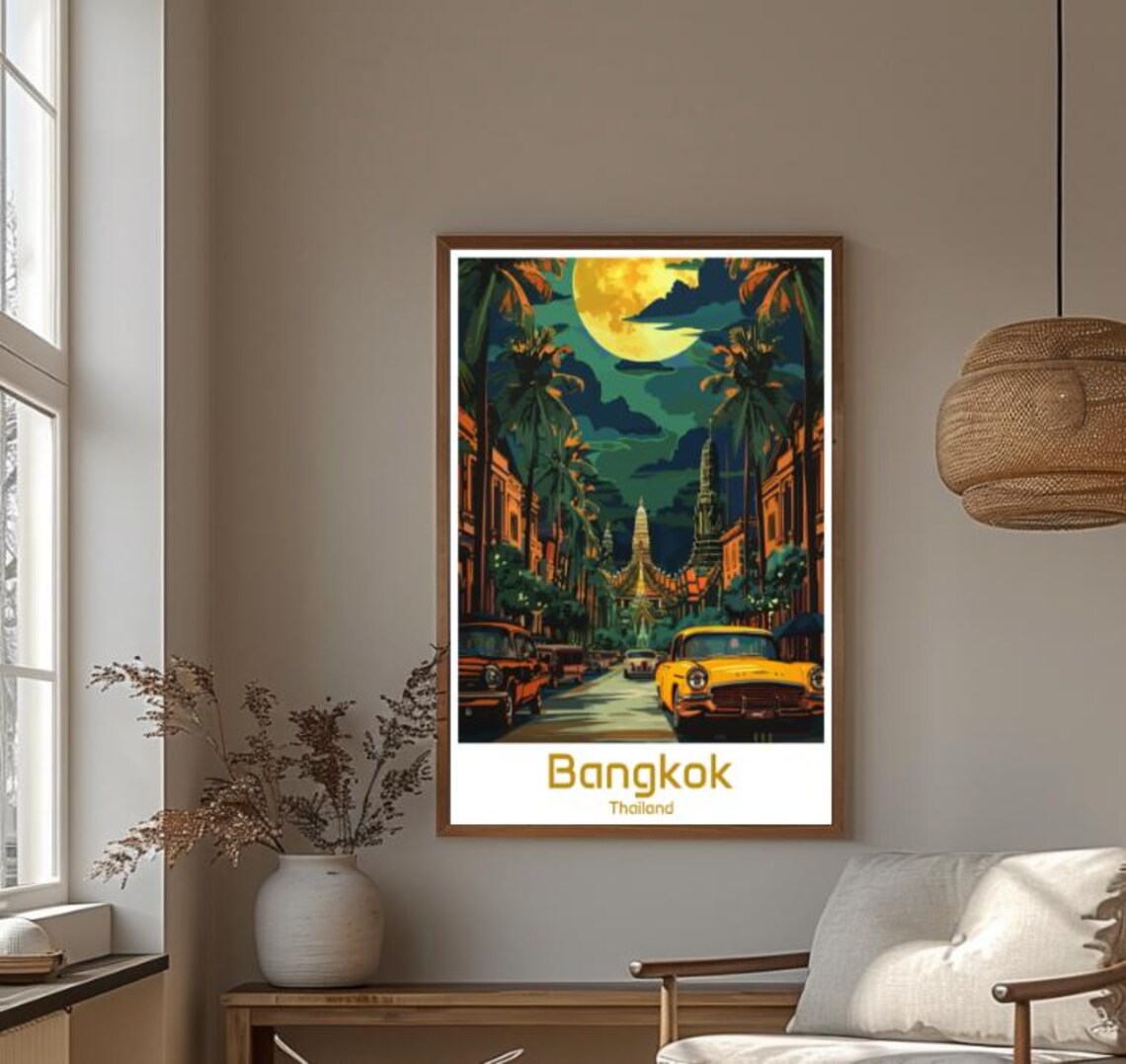 Bangkok Thailand Moonlit Temple Street Night Vintage Travel Poster - Image 4