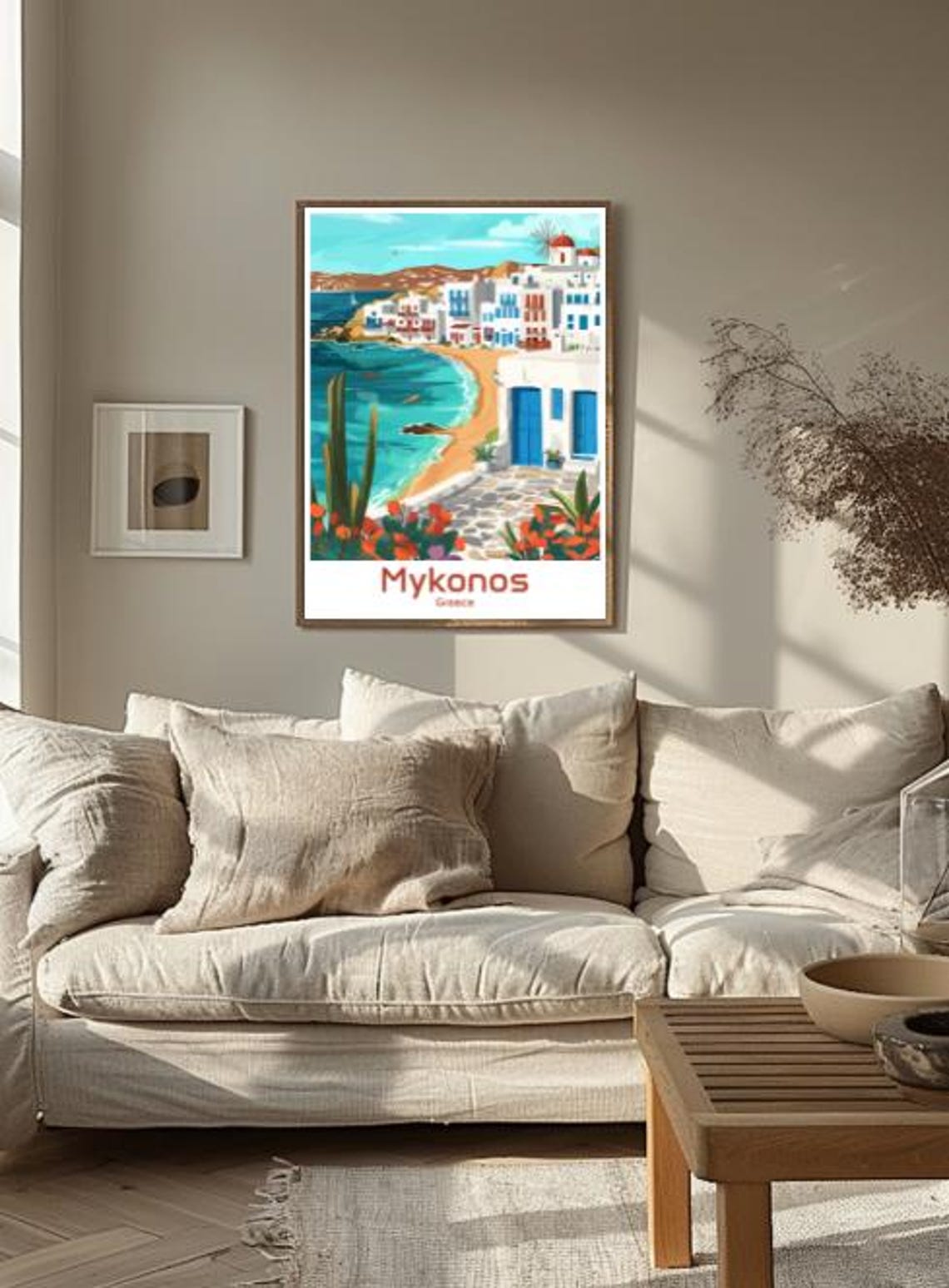 Mykonos Greece Whitewashed Town Windmill Turquoise Beach Poster - Image 3