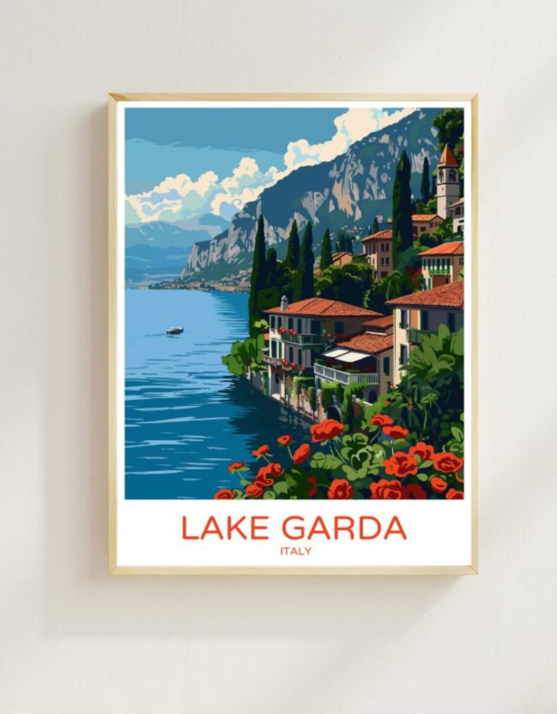 Lake Garda Italy Lakeside Village Cypress Trees Waterfront Poster
